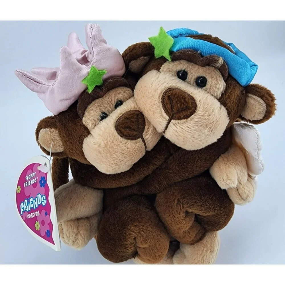 Vtg Y2K 2001 Floppy Friends Best Friends Forever Monkey Plush Duo Angel/Princess